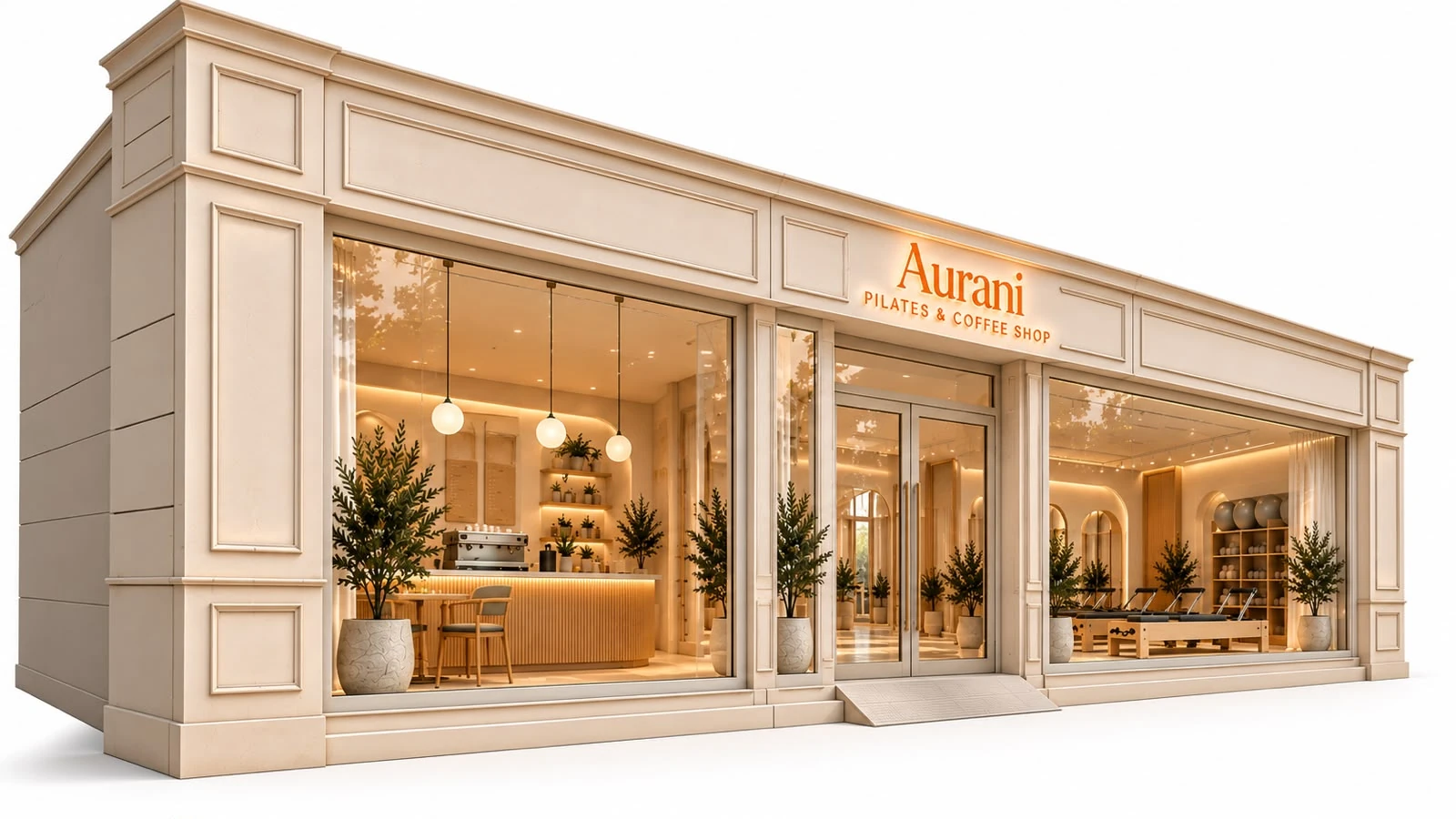 Perspective de conception trois-quarts du projet Aurani, avec accueil, comptoir et espaces de mouvement