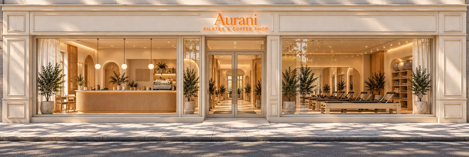 Image de synthèse de la devanture Aurani à Suresnes : encadrements ivoire, baies vitrées et enseigne orangée
