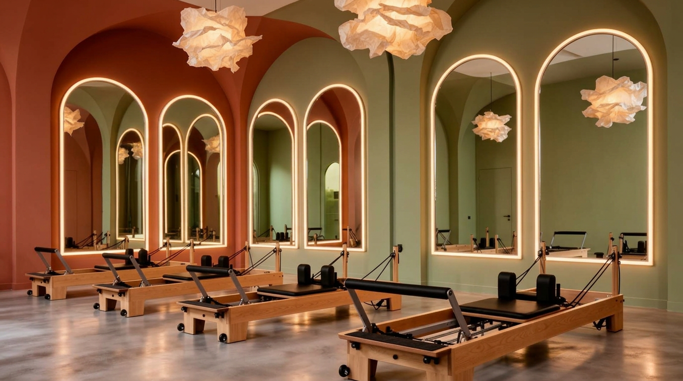 Studio Pilates Reformer premium conçu par Maison Albare, lumière douce et machines alignées